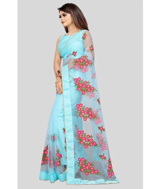 Gazal Fashions - SkyBlue Net Saree With Blouse Piece ( Pack of 1 ) - SkyBlue