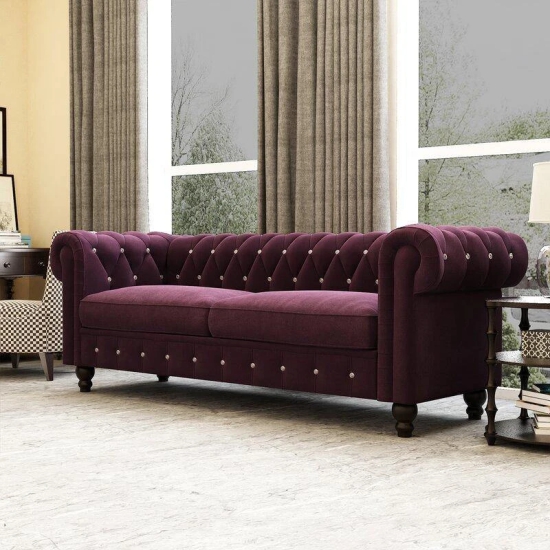 Graceful 3 Seater Velvet Rolled Arm Chesterfield Sofa-Gray