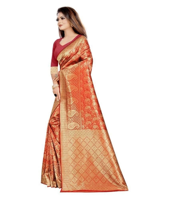 Gazal Fashions - Red Banarasi Silk Saree With Blouse Piece (Pack of 1)