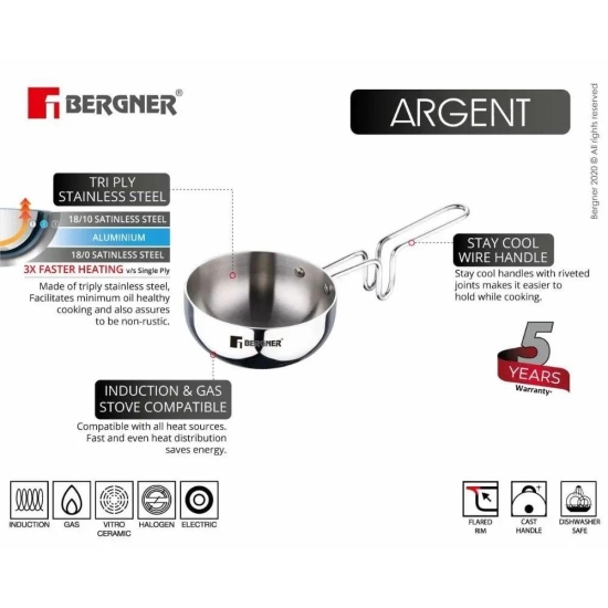 Bergner Argent Tri-Ply Stainless Steel 12 cm Tadka Pan | Gas & Induction Compatible | Silver