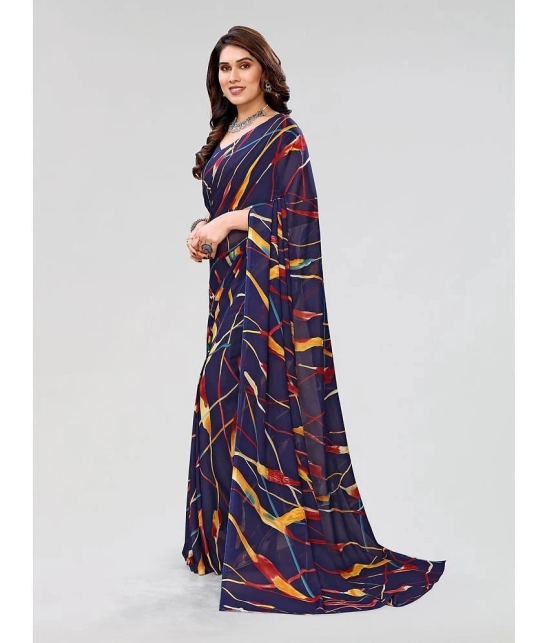 Kashvi Sarees Georgette Printed Saree With Blouse Piece - Navy Blue ( Pack of 1 ) - Navy Blue