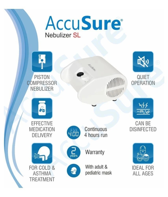 AccuSure SL Nebulizer Compressor Machine for Kids & Adult with Mouth Piece and Mask(White)