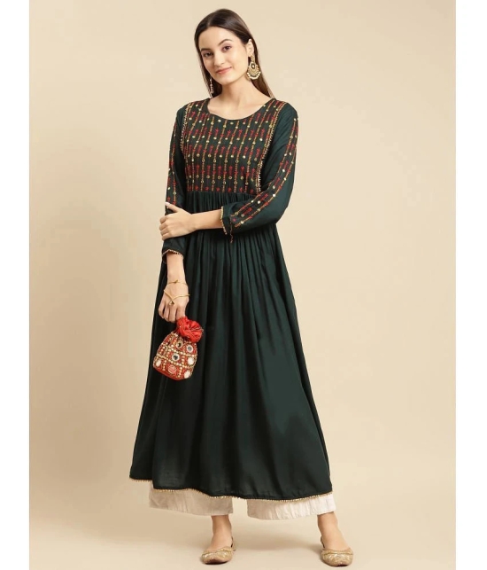 Rangita Women Rayon Green Yoke Embroidered Calf Length Kurti Gathered At Waist - None