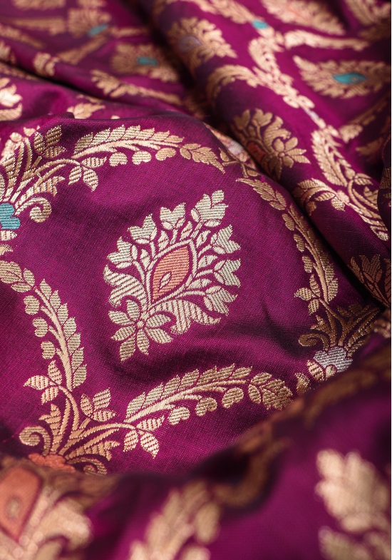 Exquisite Meenakari  Arches Jaal Banarasi Katan Silk Saree in Plum | SILK MARK CERTIFIED