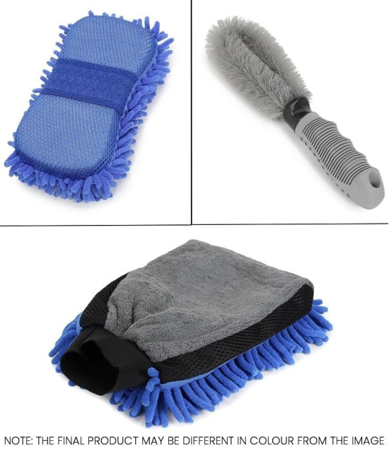 HOMETALES - Car Cleaning Combo Of Dual Sided Microfiber Gloves , Sponge And Rim Brush for car accessories( Pack Of 3 )