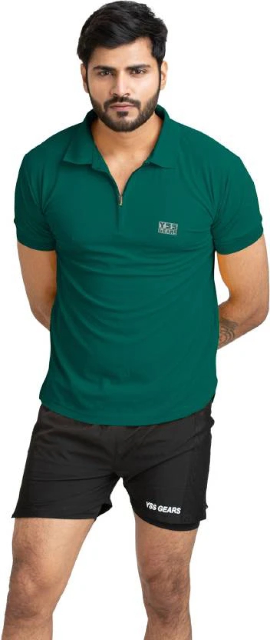 Men Solid Polo Neck Polyester Dark Green T-Shirt