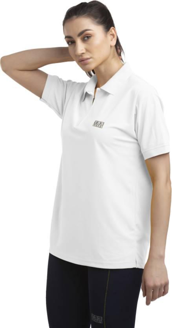 Women Solid Polo Neck Polyester White T-Shirt