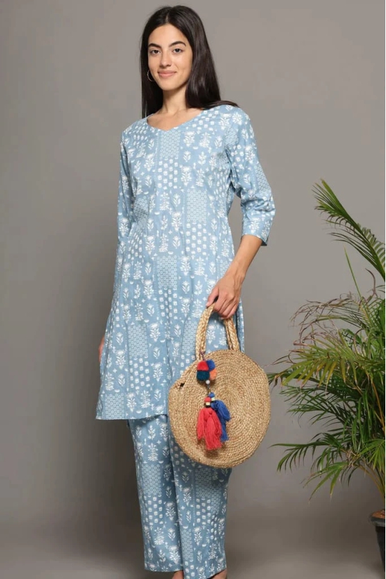 BREATHABLES Women Cotton Printed Loungewear Kurta and Pants Co-ord Set 3/4 Sleeve  V Neck Comfort Loose Fit (Night Wear | Co-ord set | Lounge Wear Set)