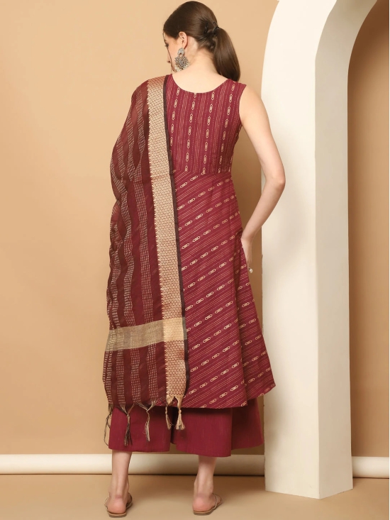 Maroon Woven Design Kantha Work Kurta with Palazzos & With Dupatta-L / Red