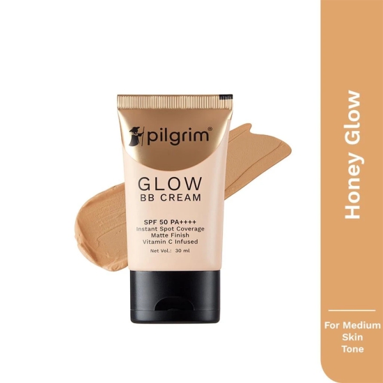 Pilgrim BB cream for women with Niacinamide, Hyaluronic Acid & Vitamin C | Matte Finish, Instant Spot Coverage with SPF 50 PA++++ | All Skin Types | The Beige Glow, The Almond Glow, The Honey Glow