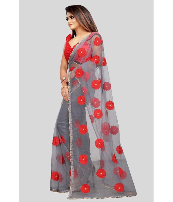 Gazal Fashions - Grey Net Saree With Blouse Piece ( Pack of 1 ) - Grey