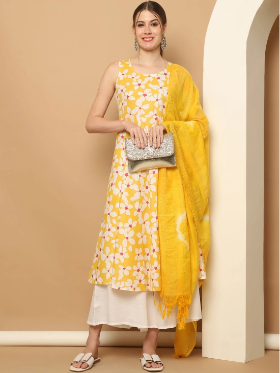 Printed yellow flowers flared kurta pallazos dupatta set-M / Yellow