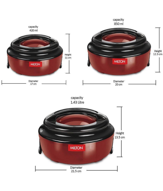 Milton - Ernesto Jr. 3 Pcs Red Microwave Safe Inner Steel Thermoware Casserole Set (420ml,850ml,1.43L) - Red