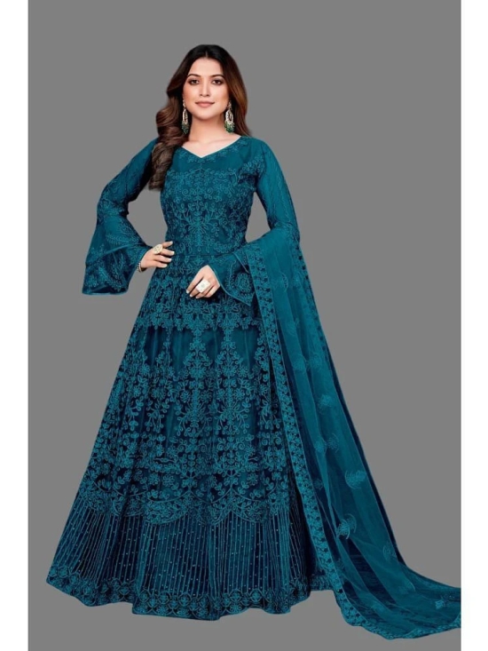 Apnisha Teal Flared Net Womens Semi Stitched Ethnic Gown ( Pack of 1 ) - None