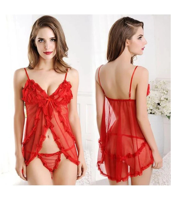 Celosia Net Baby Doll Dresses With Panty - Red Single - Free Size