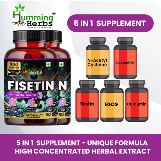 Humming Herbs Fisetin 570mg Advanced Formula - Anti-Inflammatory & Antioxidant Support Supplement with EGCG, Curcuminoids, N-Acetyl Cysteine, Astaxanthin - Energy Boost & Focus - Pack of 2