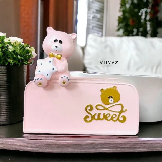 Teddy Tissue Holder-Baby Pink / Polyresin | Gloss Finish / H: 9 | L: 9 | W: 5 (Inches)