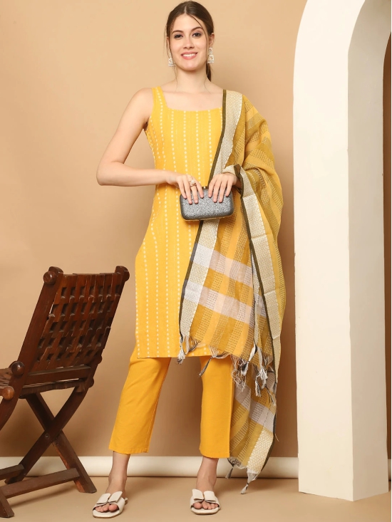 Yellow Dobby Kurta with pallazos dupatta set-S / Yellow