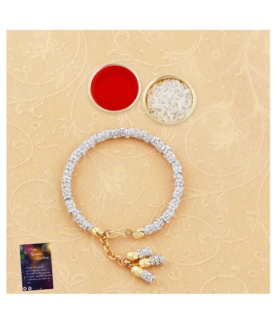 Paola  Elegant  Bhaiya Rakhi  BHAI Designe With  Silver Bracelet Kada  BhabhiRakhi Combo  With Roli Chawal And  Greeting Card  1 Kankawati Pooja Thali - None