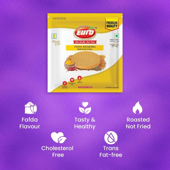 Euro Fafda Khakhra 180Gm Pack of 4|Roasted Not Fried | Cholesterol Free | Zero Transfat |Vacuum-Sealed for Freshness | Authentic Gujarati Snack, Ideal for Tea Time | Healthy Khakhra Options| Healthy Snacking