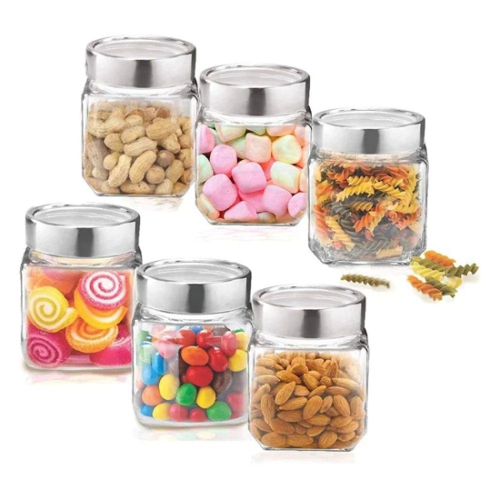 Treo Cube 180 ML Glass Storage Jar with Steel Lid | Transparent | Set of 3 and 6 Pcs