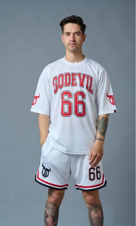 Go Devil 66 (in Red & Black) Printed White Polyester Co-ord Set for Men S