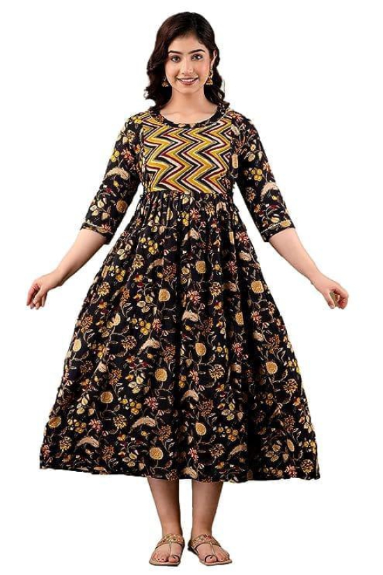 KASHVI Creation Women's Cotton Floral Printed Maternity Feeding Kurta ( Brown)