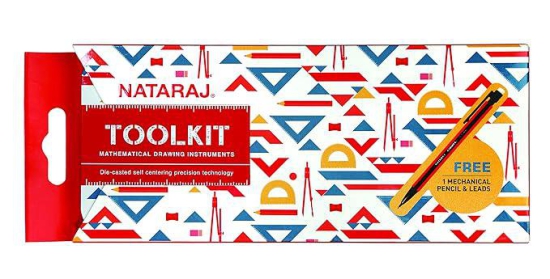 Nataraj ToolKit Geometry Box | Bold Markings for High Accuracy | Tough & Long-Lasting | Geometry Box for Students | Smooth & Rounded Edge | Child-Safe | Free Ball Pen | Set of 10 Instruments