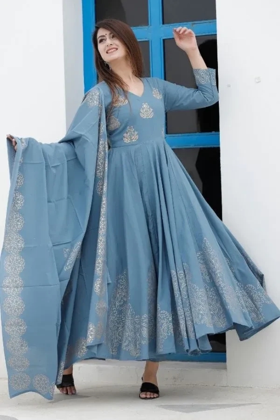 Steel Blue Hand Block Printed Anarkali Set Blue M