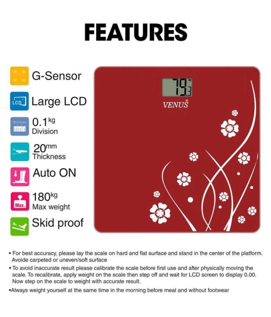 Venus Digital Electronic LCD Personal Health Body Fitness Bathroom Weighing Scale EPS-2001 Red Red