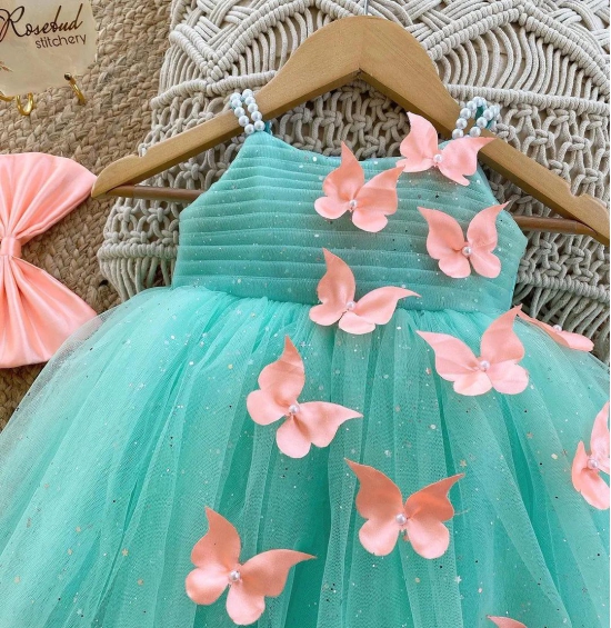 Cutedoll Mint Color Net Sparkle with butterfly kids Girls Dress-5-6 Year