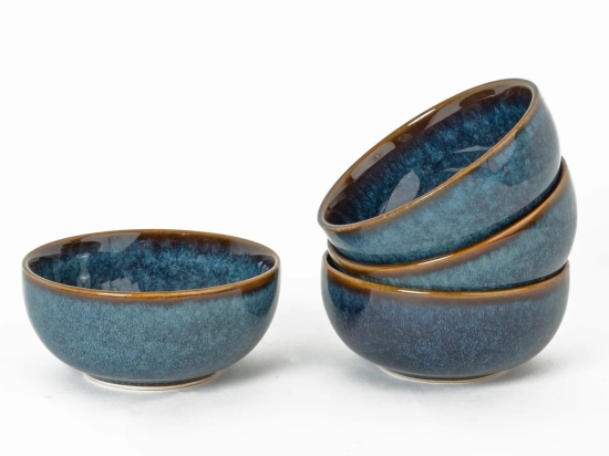 Reactive Handpainted Premium Ceramic 4 Small Dinner Bowl| Dessert Bowl, Soup Bowl, Salad Bowl | Stoneware | Microwave and Dishwasher Safe | Pack of 4 | Greenish Blue