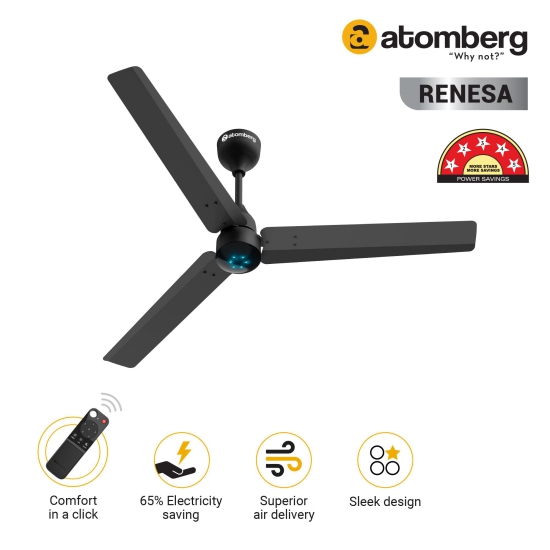 Atomberg Renesa 1200 mm BLDC Motor with Remote 3 Blade Ceiling Fan (Black, Pack of 1)