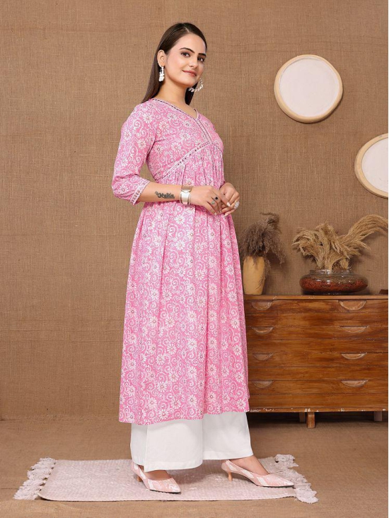 Rangita Women Cotton Pink Embroidered Calf Length Flared Kurti - None