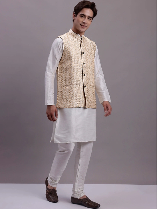 Mens Cream Woven Design Nehru Jacket With Solid Kurta Pyjama.-XL / Cream