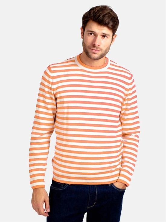 Leotude Cotton Blend Regular Fit Striped Full Sleeves Mens Round T-Shirt - Peach ( Pack of 1 ) - None