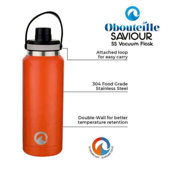 Obouteille Saviour Orange Stainless Steel Vacuum Insulated 1 Litre Leak Proof Flask Water Bottle for School/Home/Kitchen/Office/Work/Gym/Outdoor/Exercise/Yoga/Camping/Boys/Girls/Kids/Adults