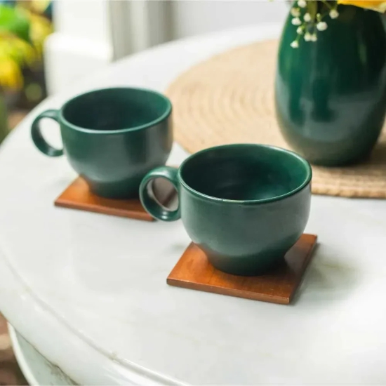 Ring Handle Ceramic Cup  | Set of 2 Emerald Green