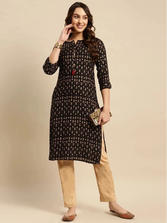 Rangita Women Rayon Black Gold printed Calf length straight kurti - None