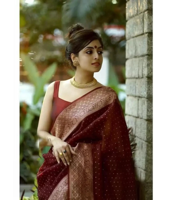 Gazal Fashions Banarasi Silk Embellished Saree With Blouse Piece - Maroon ( Pack of 1 ) - Maroon