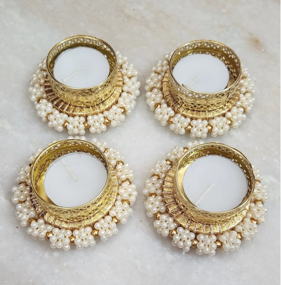 Elegant Pearl and Gold Tealight Candle Holder Set