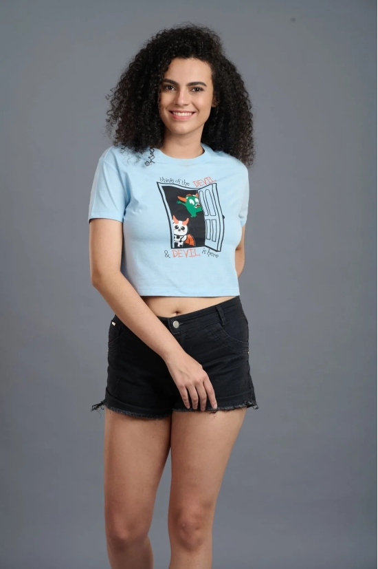 Think Of The Devil & Devil Is Here Printed Blue Crop Top for Women L