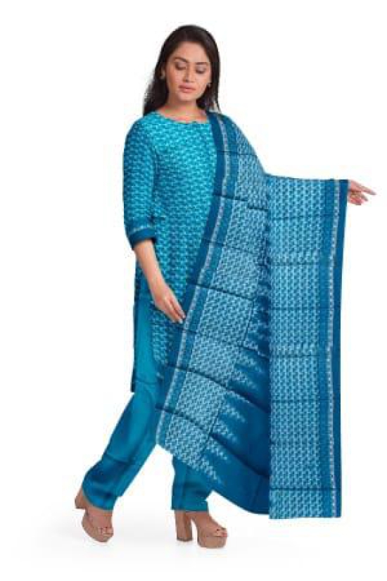 Blue Cotton Salwar Suit Fabric with Cotton Dupatta