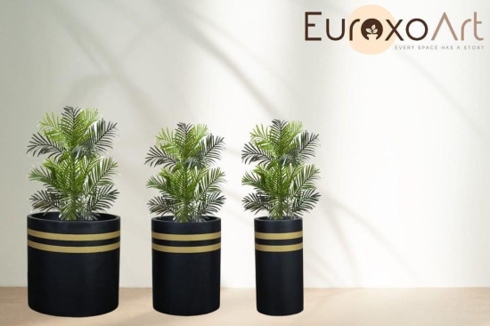 Euroxo Black/Grey Gold Strip Fiber Planter Set | FRP Planter for indoor & outdoor (Set of 3)