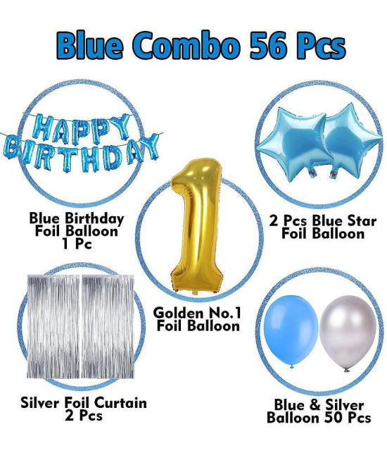 Party Propz Birthday Decoration kit for 1st Birthday Boys-56Pcs with Foil Curtain / Bday Supplies Items with Blue HBD foil Balloon, Number Foil Baloons/1st Birth Day Props for Kids, Baby/New