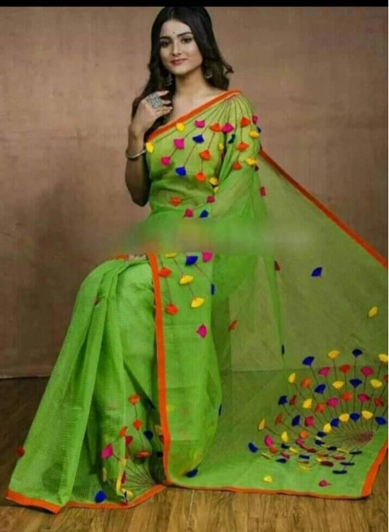 Multicoloured Cotton Silk Saree with Blouse piece (Special Surprise Discount for Lucky customer)-Green