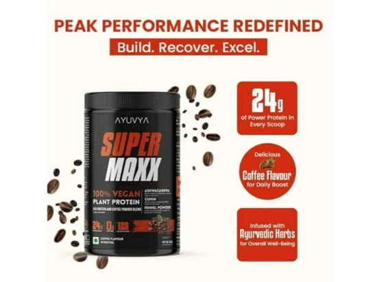 Ayuvya Super Maxx Ayurvedic Plant Protein || Elevate Your Fitness Journey | 100% Ayurvedic Ingredients for Muscle Growth, Recovery, and Overall Well-Being | Coffee Flavoured l 24gms Protein per Serving, 500gm