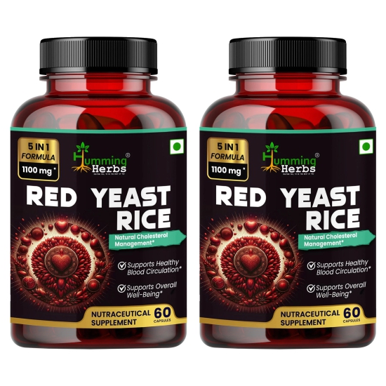 Humming Herbs Red Yeast Rice 500mg - Natural Cholesterol Support with CoQ10, Policosanol & Lycopene - Promotes Heart Health & Blood Circulation - Pack of 2