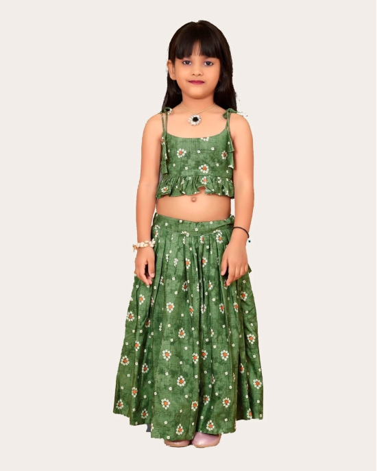 Kid Girls Readymade Bandhani Print Designer Blouse With Lehenga Set-Green / 4 Years-5 Years