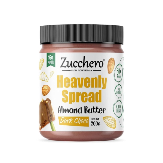 Zucchero Dark Chocolate Almond Butter, Crunchy, 200g - The Heavenly Spread | Nuttiest Chocolate Spread | Lesser Sugar | 50% Almonds